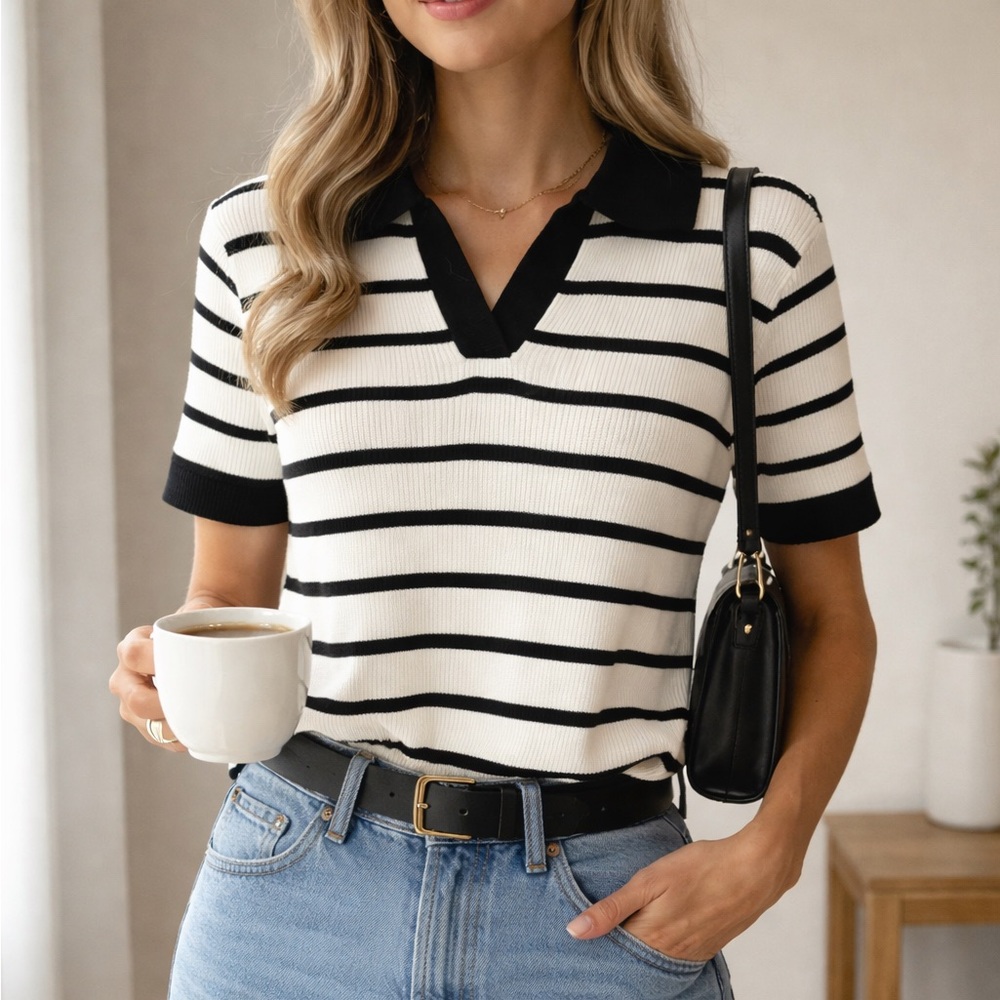 Black White Striped Knit Polo Top French Girl Coastal Preppy Chic Minimalist XL